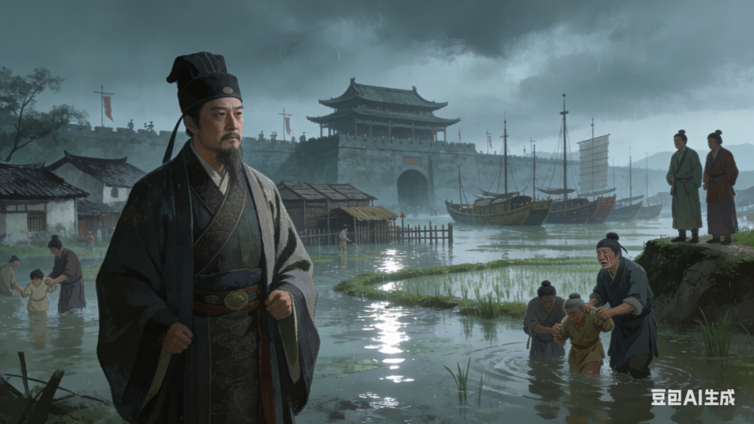 AI生成钱暄在台州治水勘察的古风场景